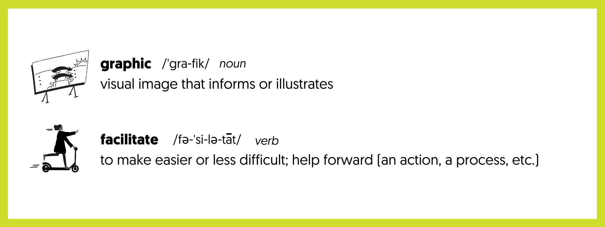 graphic facilitation definition relating to visual art, especially involving drawing, engraving, or letter. To make easier or less difficult; help forward a process