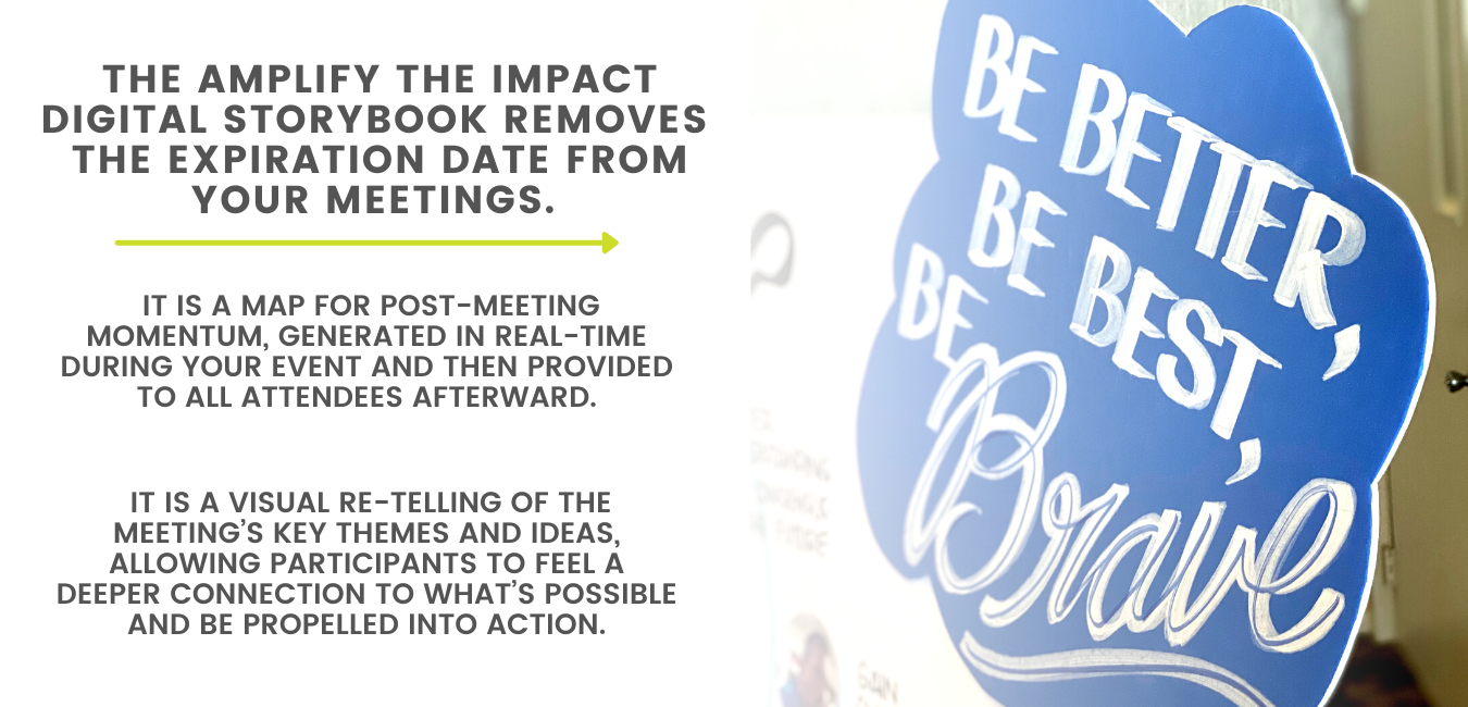 The Amplify the Impact Digital Storybook removes the expiration date from your meetings. It is a map for post-meeting momentum, generated in real-time during your event and then provided to all attendees afterward. It is a visual re-telling of the meeting’s key themes and ideas, allowing participants to feel a deeper connection to what’s possible and be propelled into action.